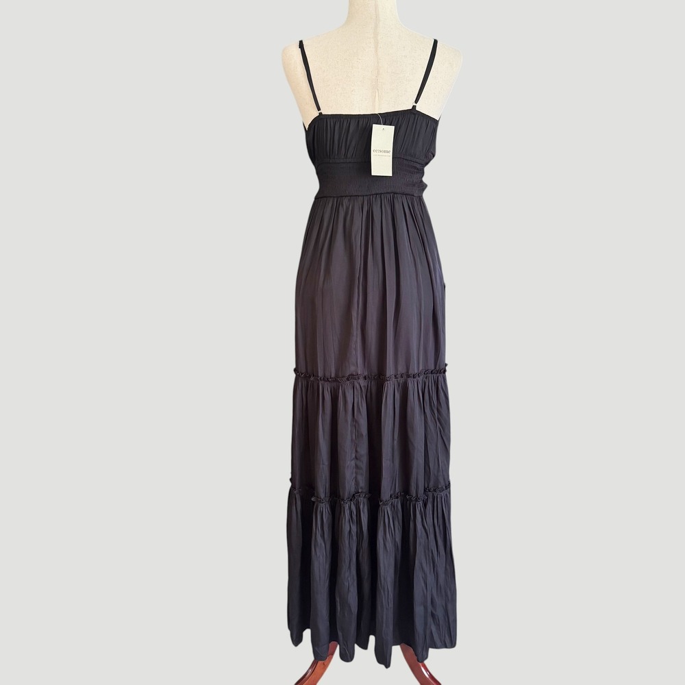 Boho Chic Goth summer Flowy Black Tiered Maxi Dress Cutout Tie Front Small NWT - Picture 4 of 12